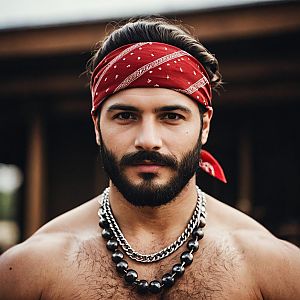 Confident man with beard in red bandana