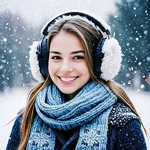 Young Woman in Cozy Winter Attire Smiling in Snow