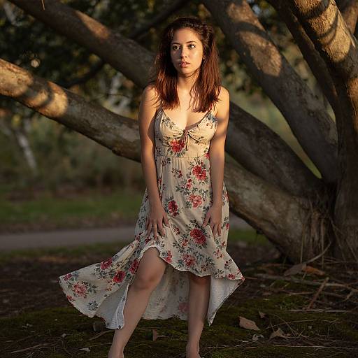 Young Woman in Floral Dress in Warm Natural Light Outdoors