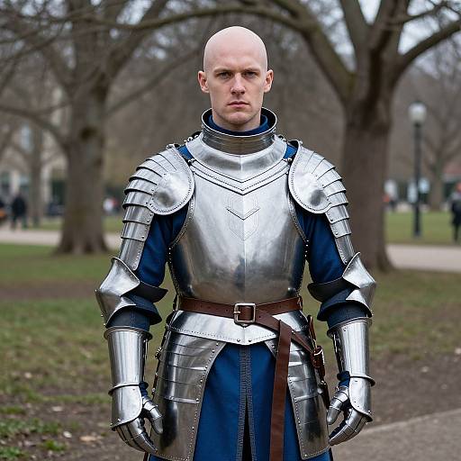 Man Wearing Full Medieval Armor in Park Setting