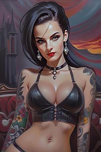Gothic Fantasy Woman with Tattoos and Leather Crop Top Digital Artwork