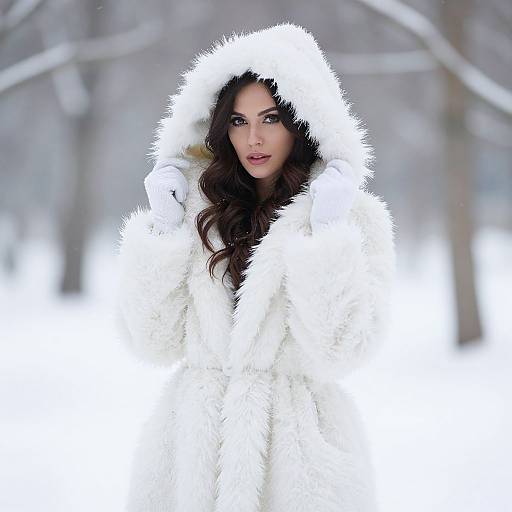 Woman in White Fur Coat in Snowy Winter Landscape