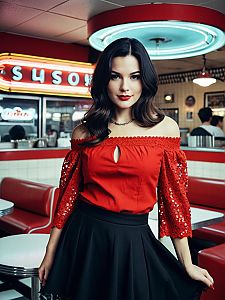 Stylish Woman in Retro Diner Wearing Red Top and Black Skirt