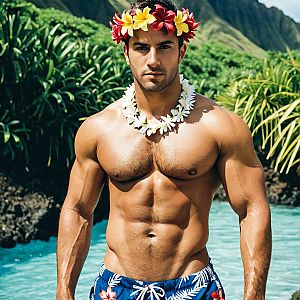 Muscular Man Shirtless in Tropical Paradise