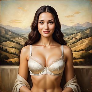 Smiling Woman in Cream Bra with Scenic Background