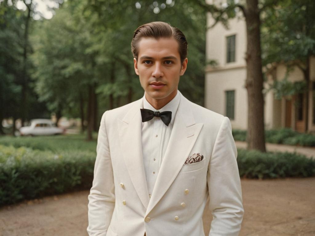 Sophisticated Man in White Tuxedo Outdoors