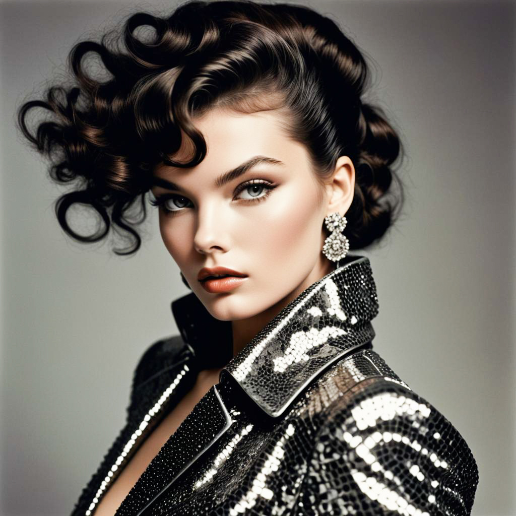 Elegant Woman in Vintage Curls and Sequined Jacket