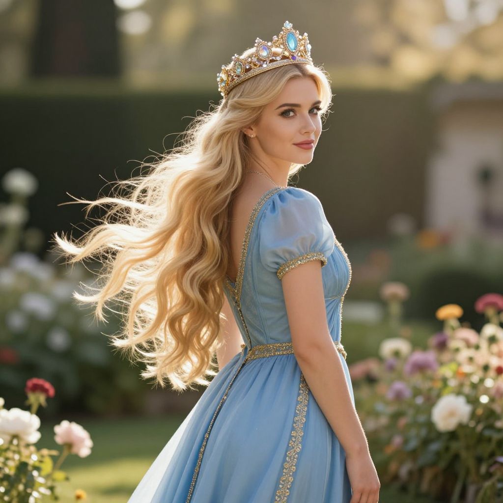 Fairytale Princess in Blue Dress with Jeweled Crown in Garden