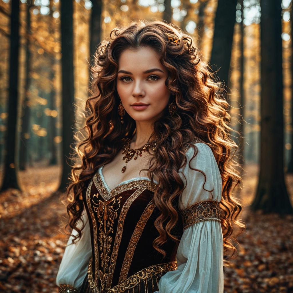 Medieval Style Woman with Curly Hair in Autumn Forest Vintage Dress