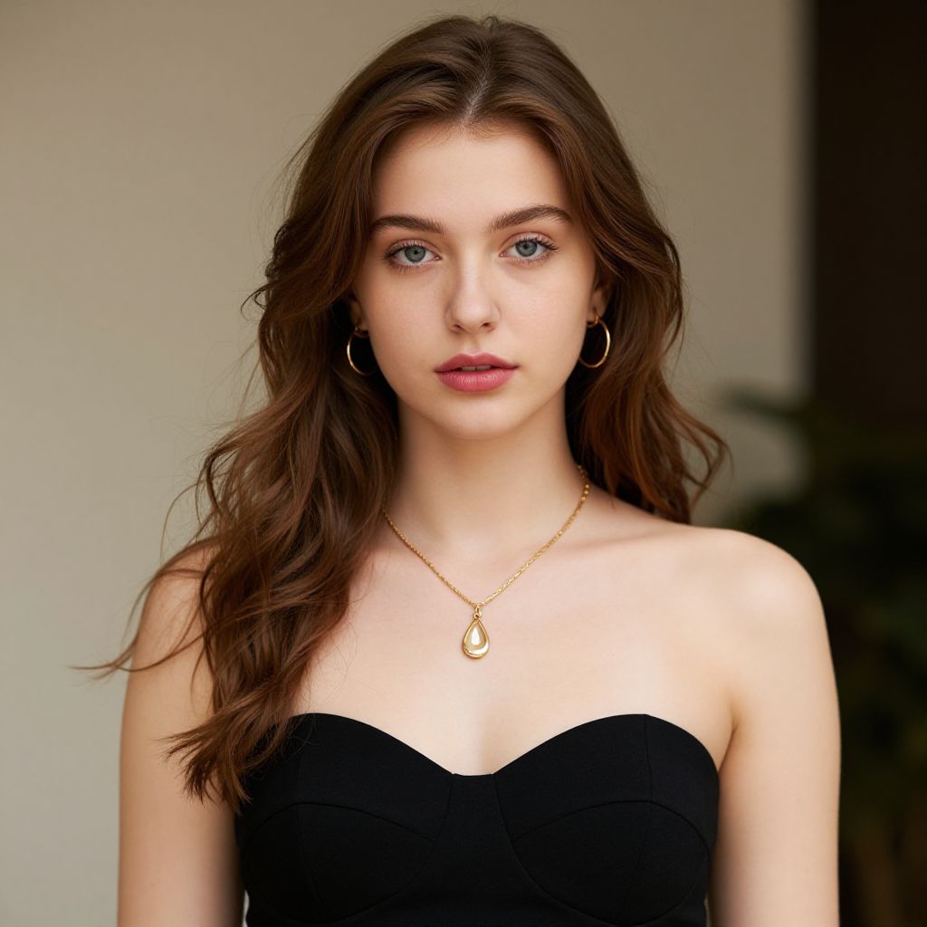 Portrait of Woman in Black Strapless Top with Gold Jewelry