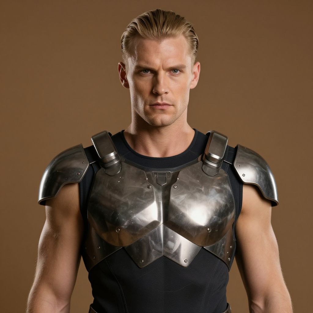 Man Wearing Medieval Metal Armor Chest Plate