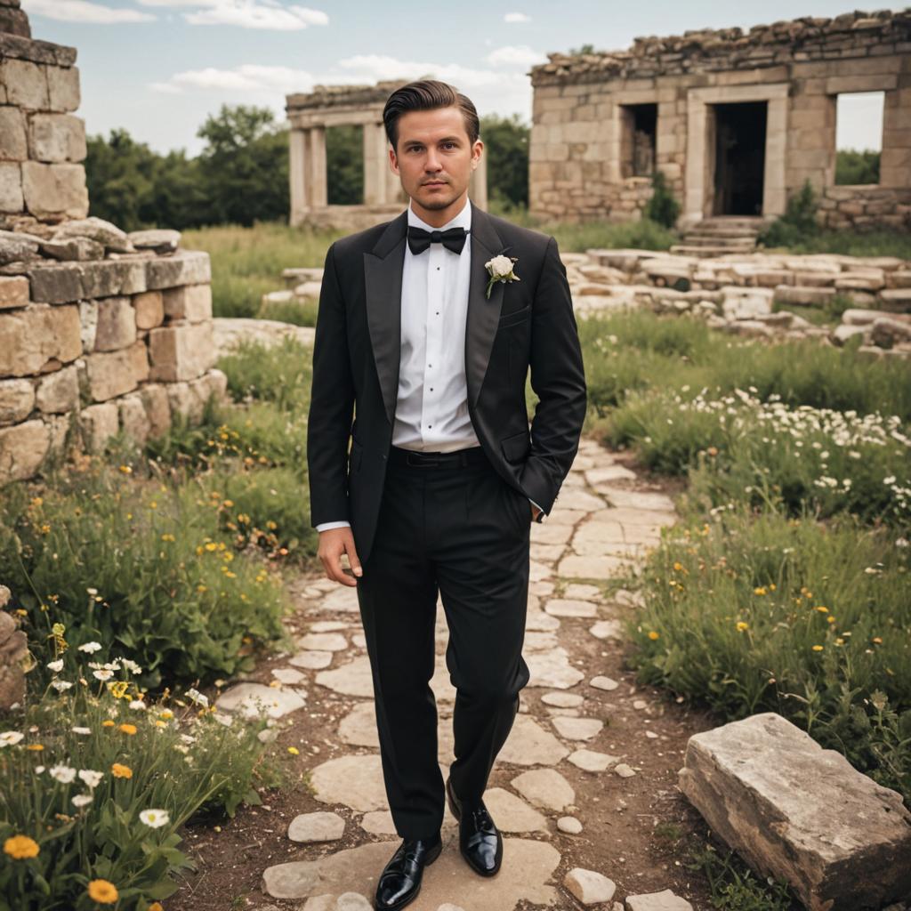 Dapper Man in Tuxedo at Ancient Ruins