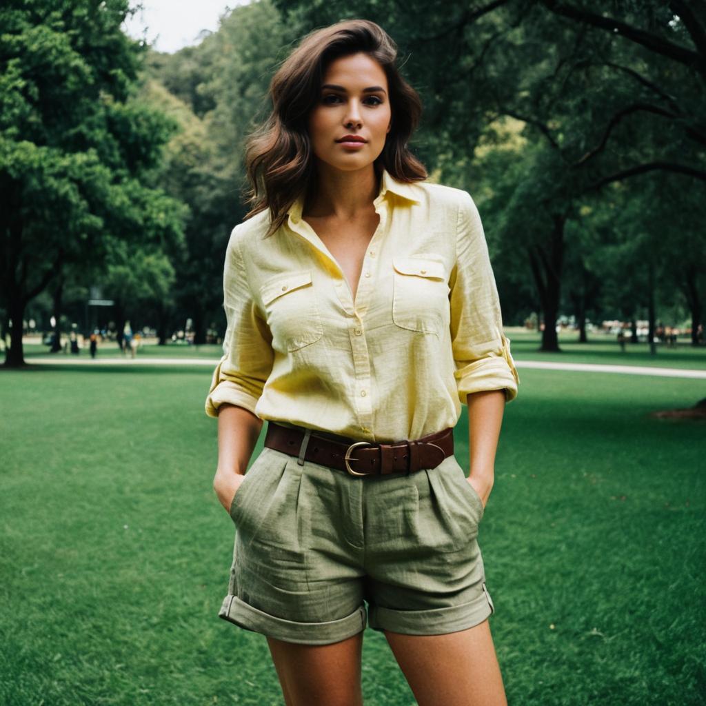 Confident Woman in Yellow Shirt and Beige Shorts in Green Park