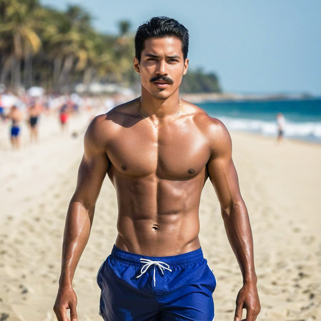 Muscular Man on Beach in Blue Swim Trunks