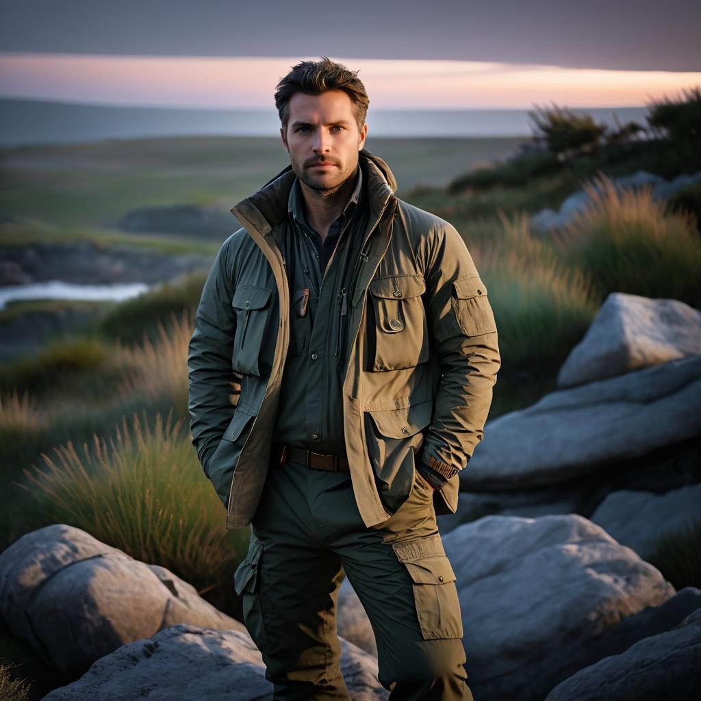 Rugged Man in Olive Green Jacket in Scenic Landscape