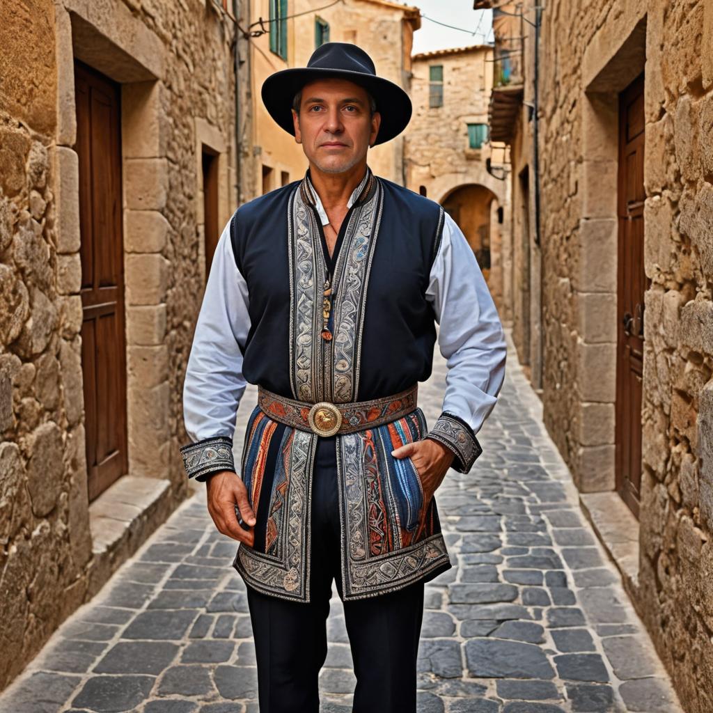 Man in Traditional Attire on Cobblestone Street