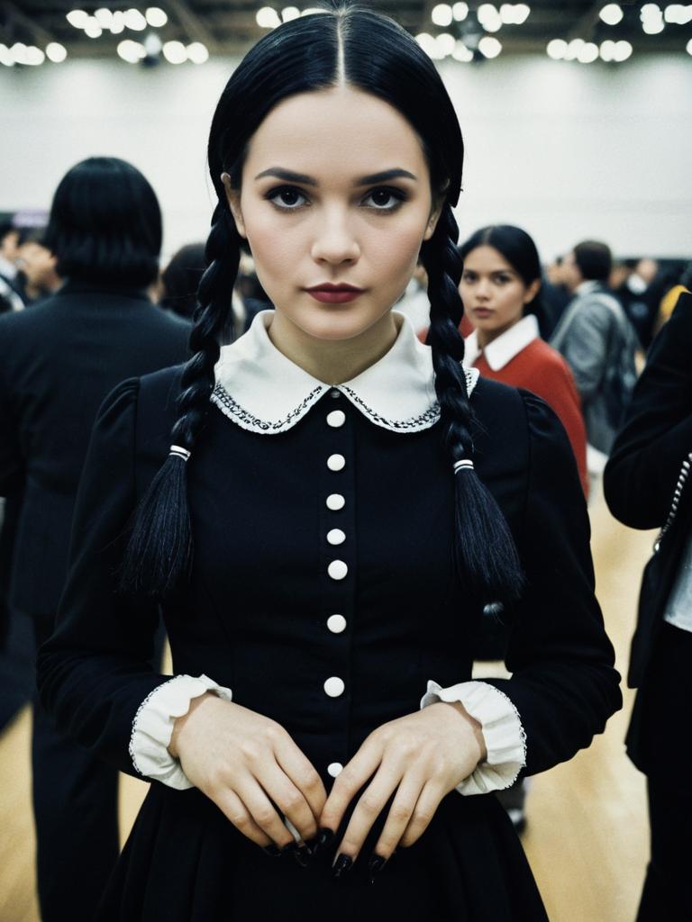 Woman in Wednesday Addams Costume at Cosplay Festival