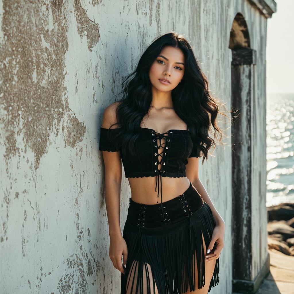 Stylish Woman in Black Bohemian Outfit by Ocean Wall