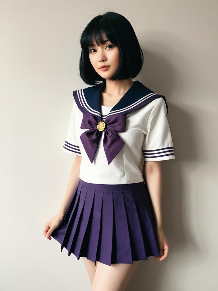 Sexy Cosplay Woman as Hotaru Tomoe Sailor Saturn in Anime School Uniform