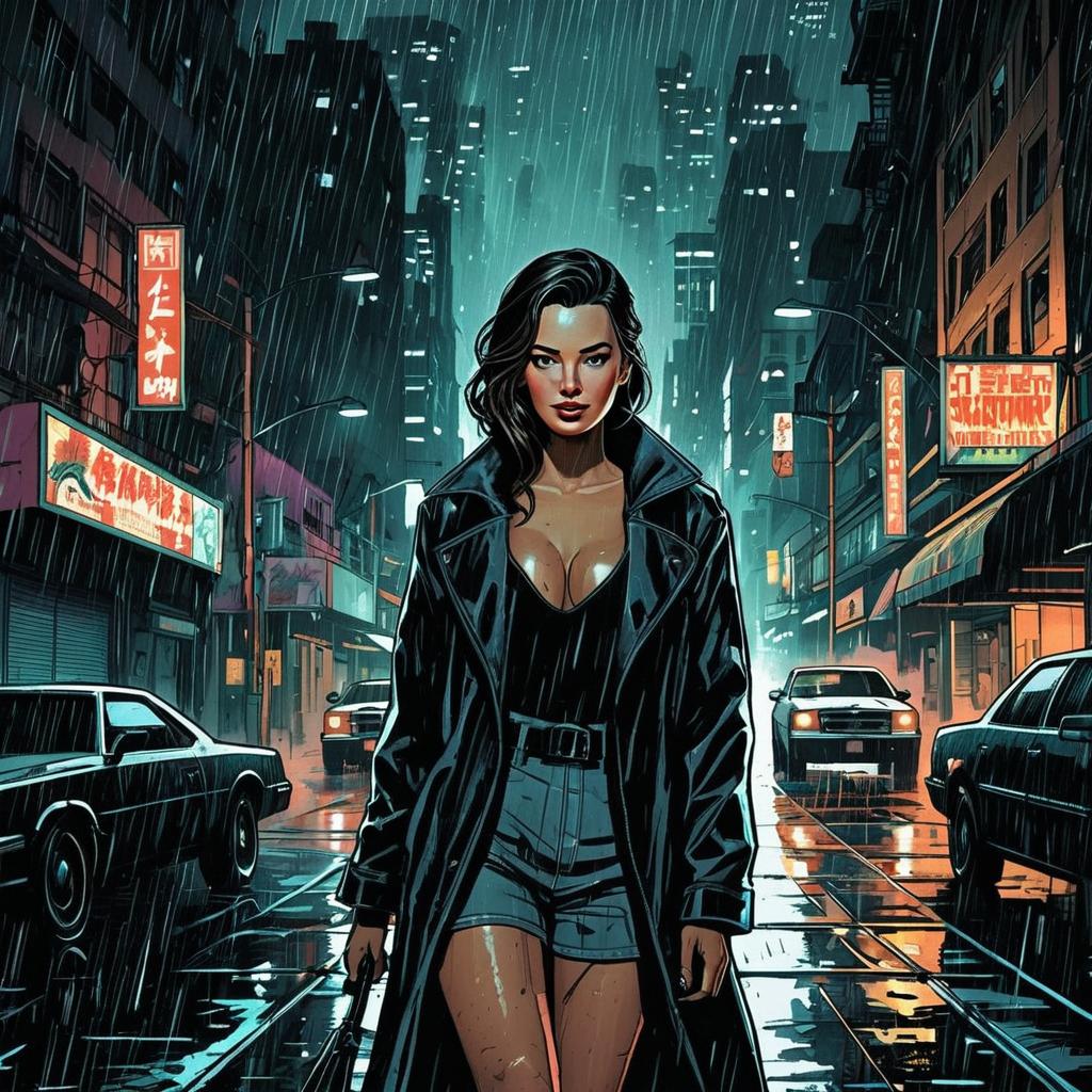 Cyberpunk Woman in Rainy Urban Night - Digital Art Illustration