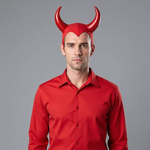 Man Wearing Red Devil Horns Costume and Shirt Portrait