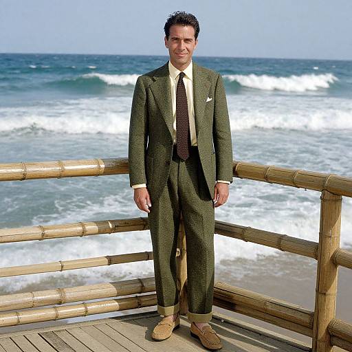 Man in Olive Green Suit on Wooden Deck by Ocean