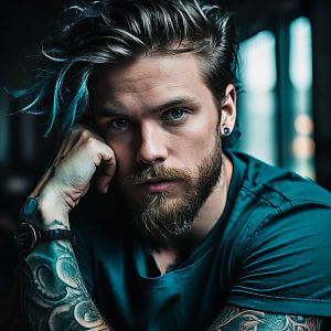 Contemplative Young Man with Beard and Tattoos