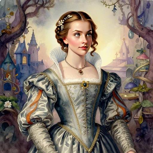 Renaissance Style Portrait of Young Woman in Elegant Gown with Fantasy Background