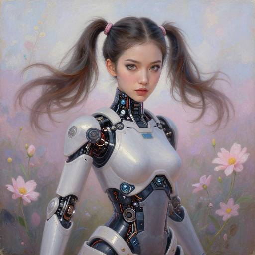 Futuristic Cyborg Woman with Twin Ponytails in Pastel Floral Setting