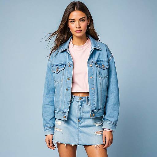 Young Woman in Light Denim Jacket and Distressed Denim Mini Skirt