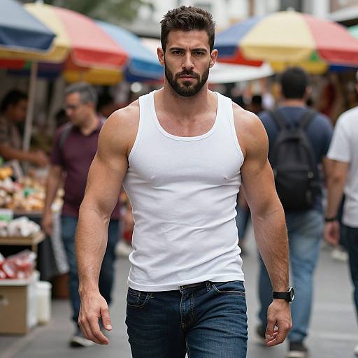 Muscular Man Walking Confidently in Outdoor Market Street