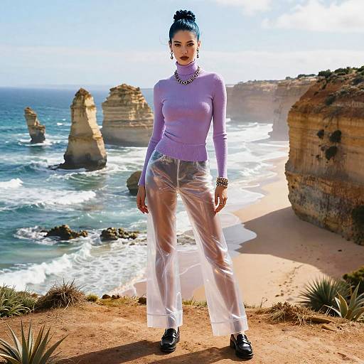 Fashionable Woman Wearing Transparent Pants on Coastal Cliff with Rock Formations