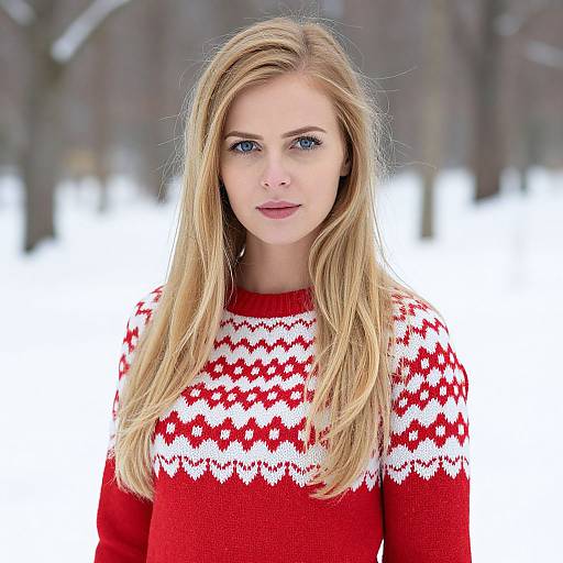 Blonde Woman in Red and White Knit Sweater in Snowy Winter Forest