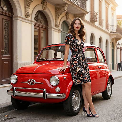 Woman in Floral Dress Leaning on Red Vintage Car on European Street