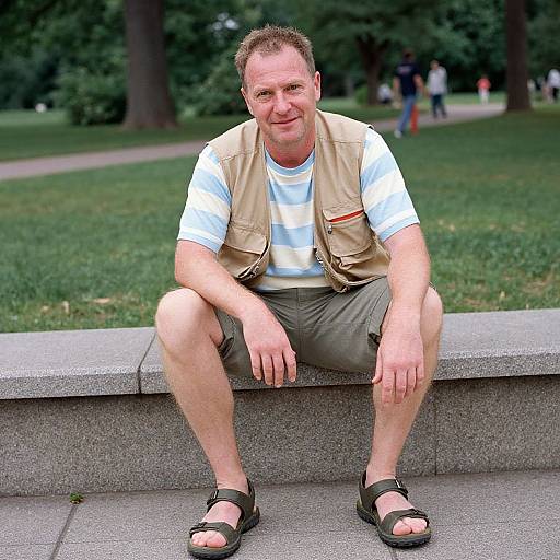 Relaxed Man Sitting Outdoors in Park Wearing Casual Summer Clothes