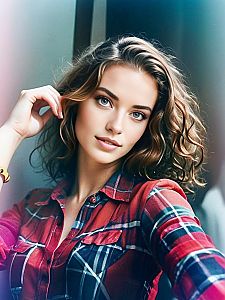 Stylish Woman with Curly Hair in Plaid Shirt