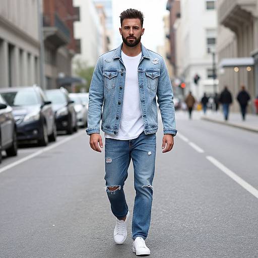 Man Wearing Stylish Distressed Denim Jacket and Ripped Jeans Walking in City