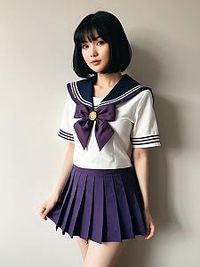Sexy Cosplay Woman as Hotaru Tomoe Sailor Saturn in Anime School Uniform