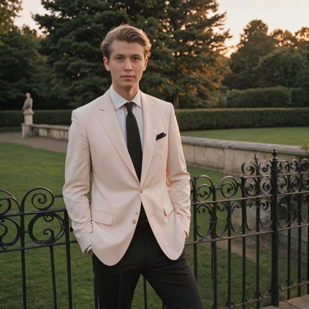 Stylish Young Man in Light Suit at Sunset