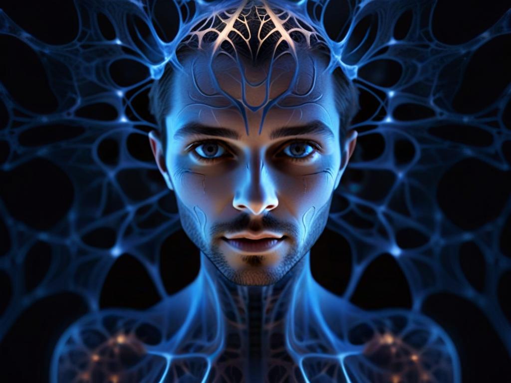 Futuristic Digital Portrait of Man with Glowing Neural Patterns