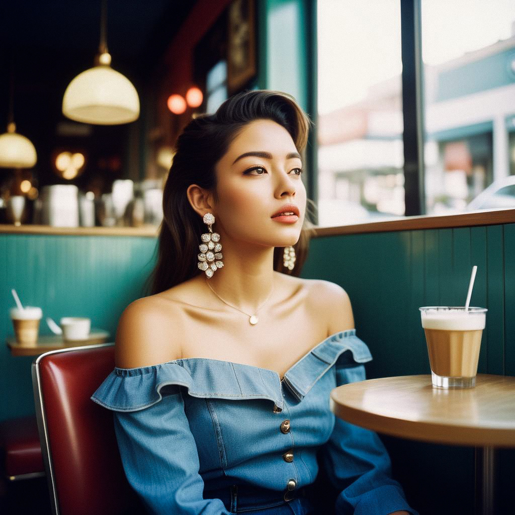 Elegant Young Woman at Café in Off-Shoulder Denim Top
