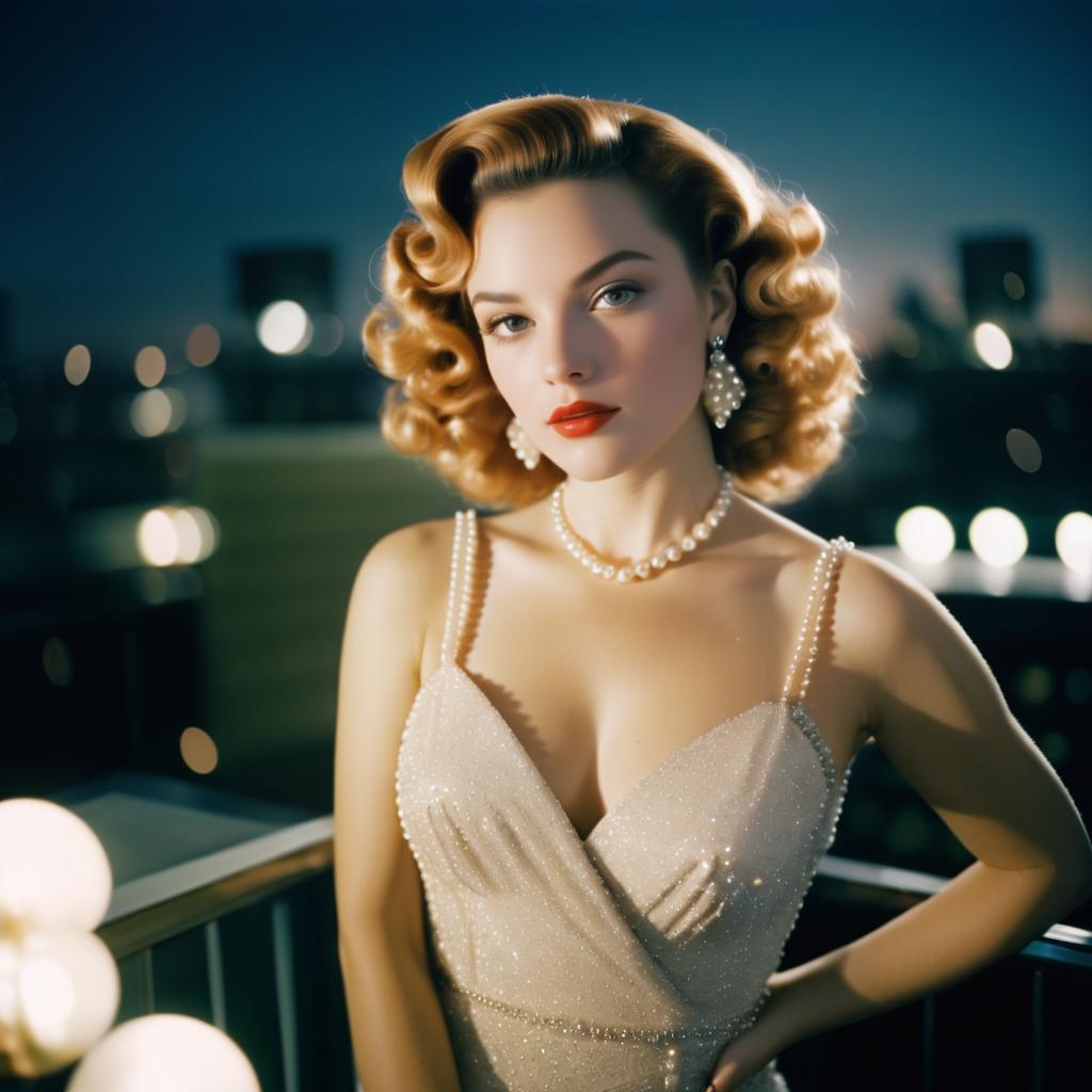 Elegant Woman in Sequined Gown with City Lights