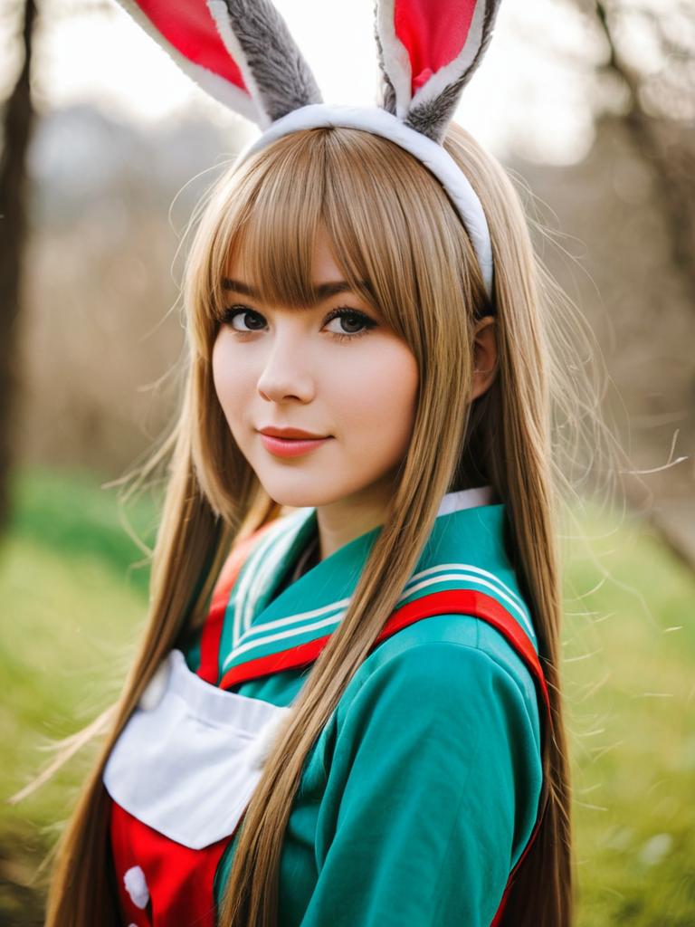 Anime-Inspired Woman in Bunny Ears Cosplay Outfit