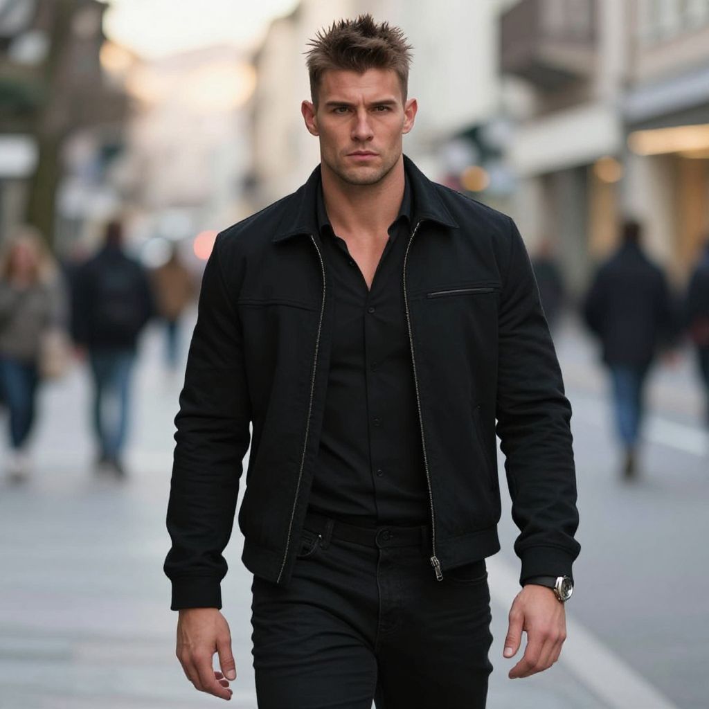 Confident Man Walking in City Street Wearing Black Jacket and Shirt