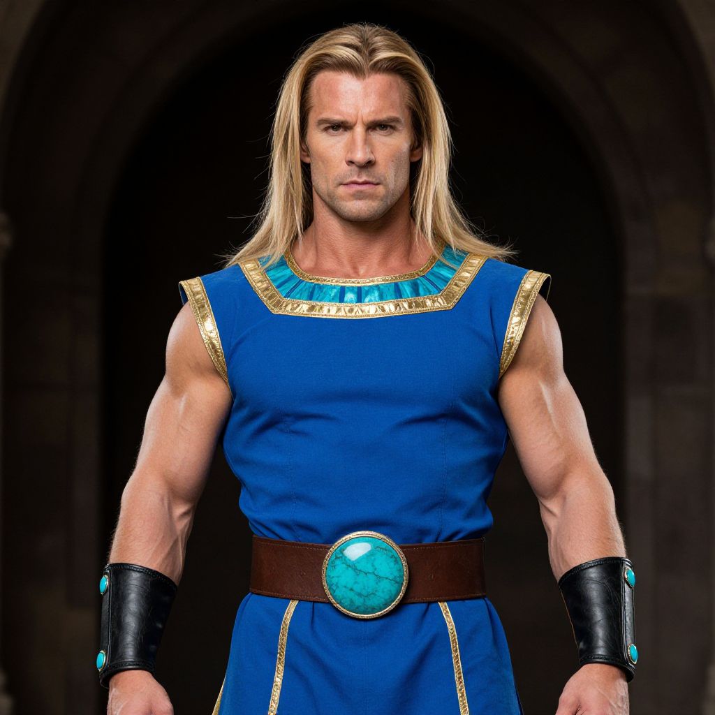 Muscular Man in Blue Ancient Warrior Costume with Turquoise Accents