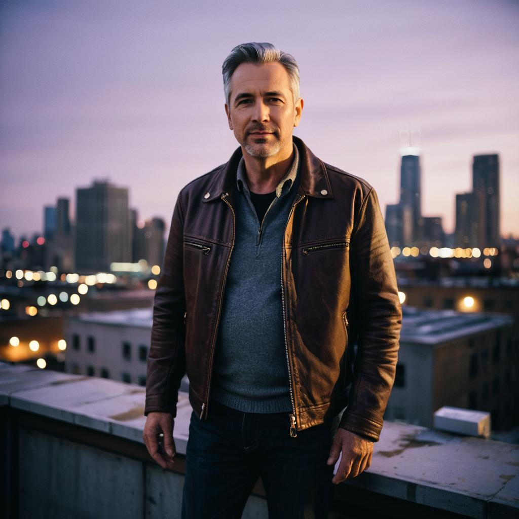 Middle-Aged Man on Rooftop with City Skyline at Twilight