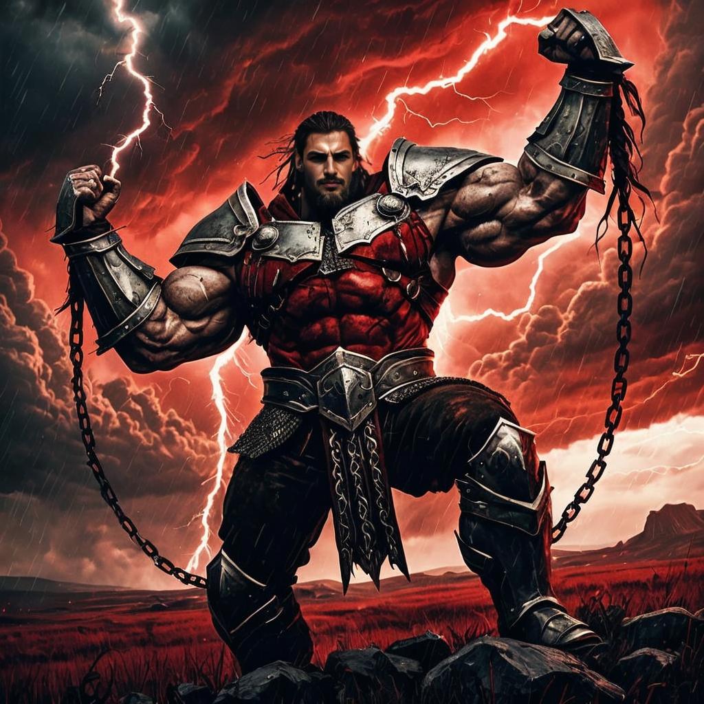 Epic Warrior with Lightning Chains in Stormy Fantasy Battle
