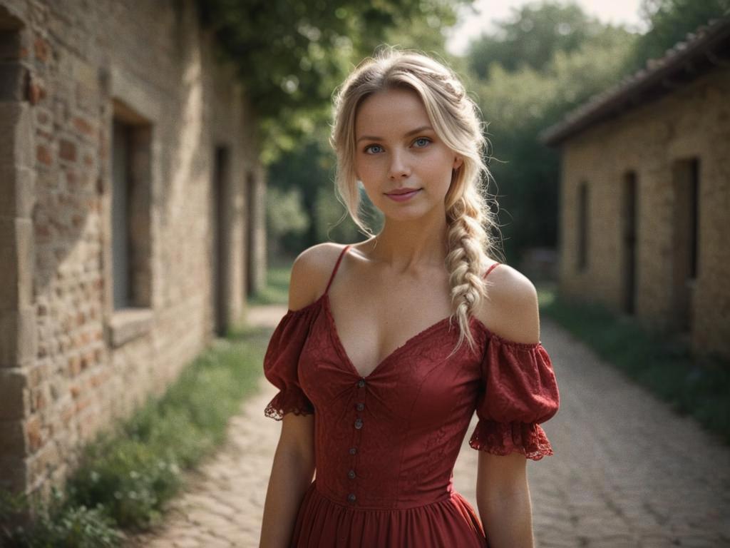 Woman in Red Dress in Quaint Village