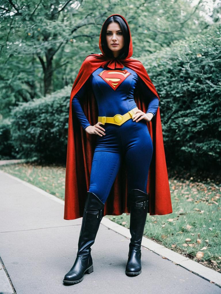 Woman in Full-Body Supergirl Cosplay Costume with Cape and Boots
