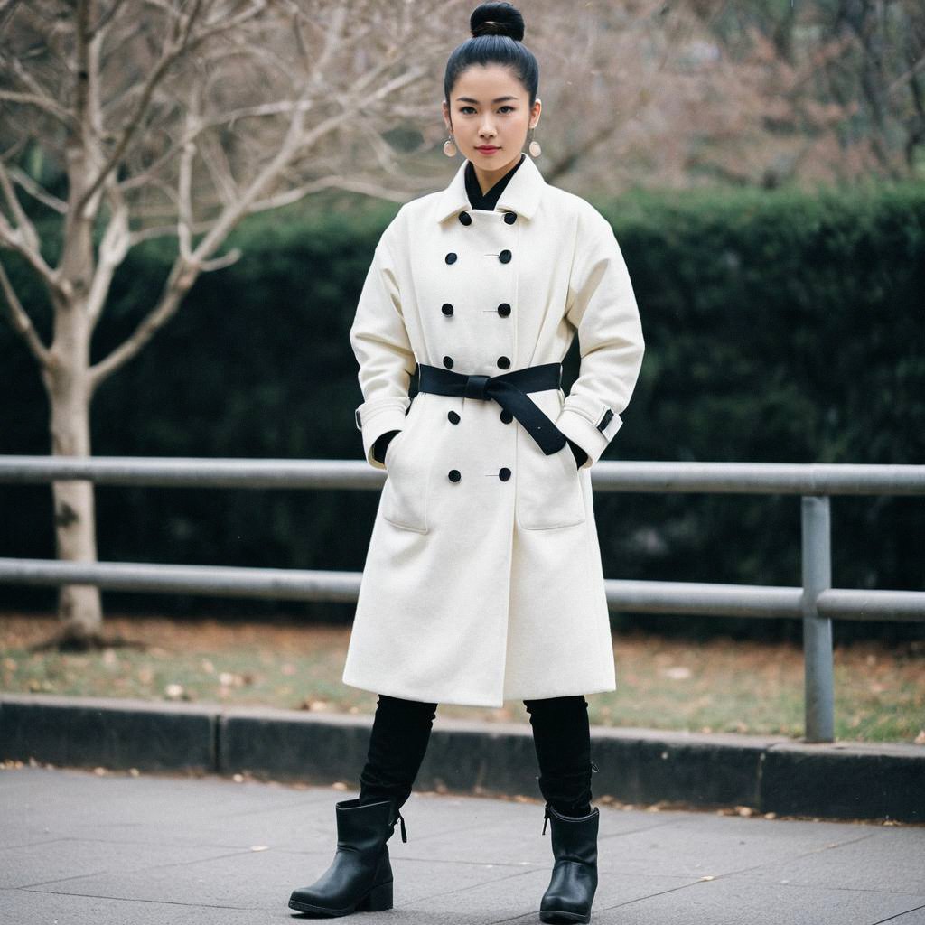 Stylish Woman in White Coat and Black Pants Outdoors Stylish Woman in White Coat and Black Pants Outdoors
